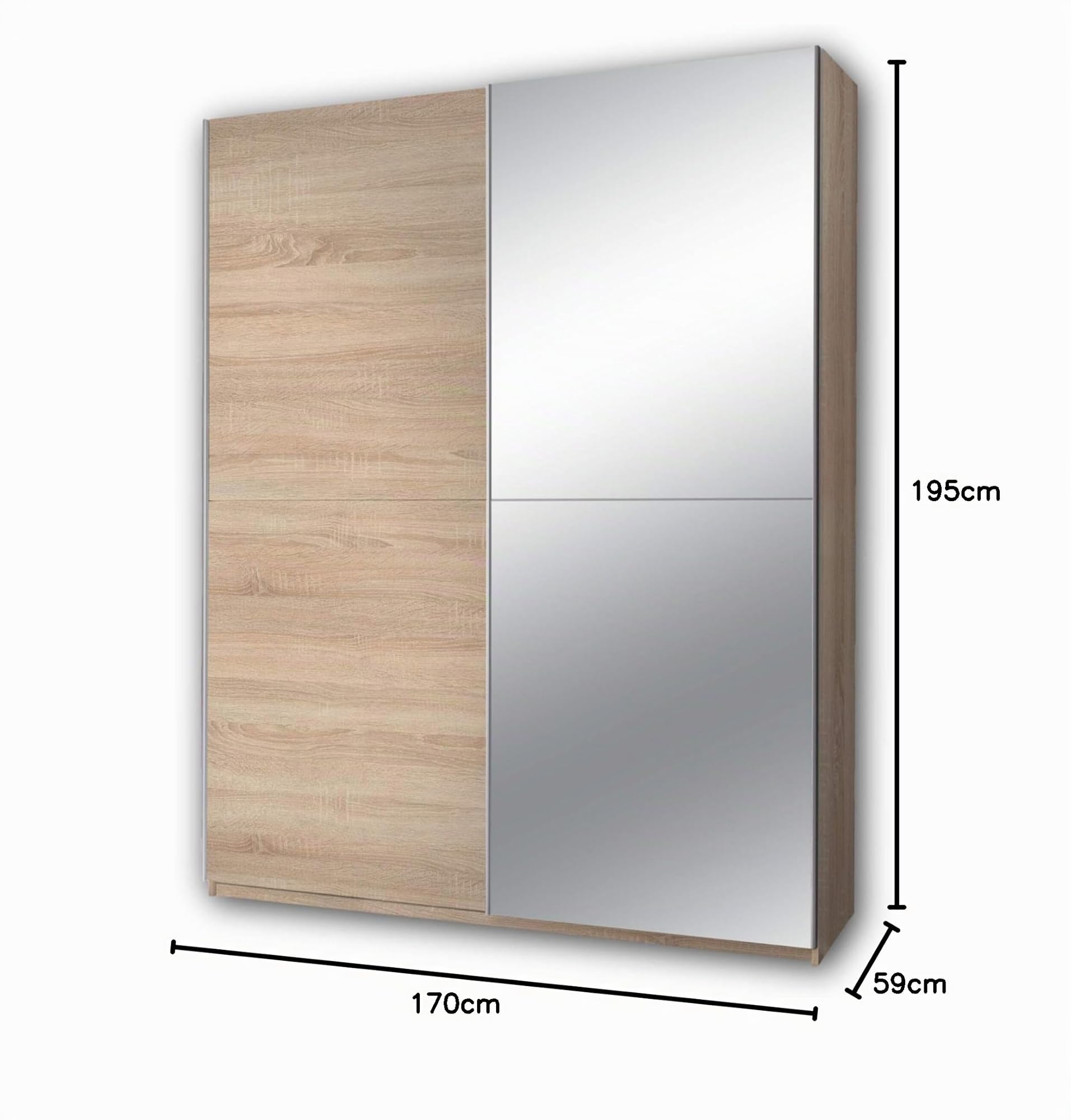 Stella Trading PULS, Armadio elegante con molto spazio e anta con specchio, Armadio versatile ad ante scorrevoli in rovere Sonoma, 170 x 195 x 58 cm (larghezza x altezza x profondità)