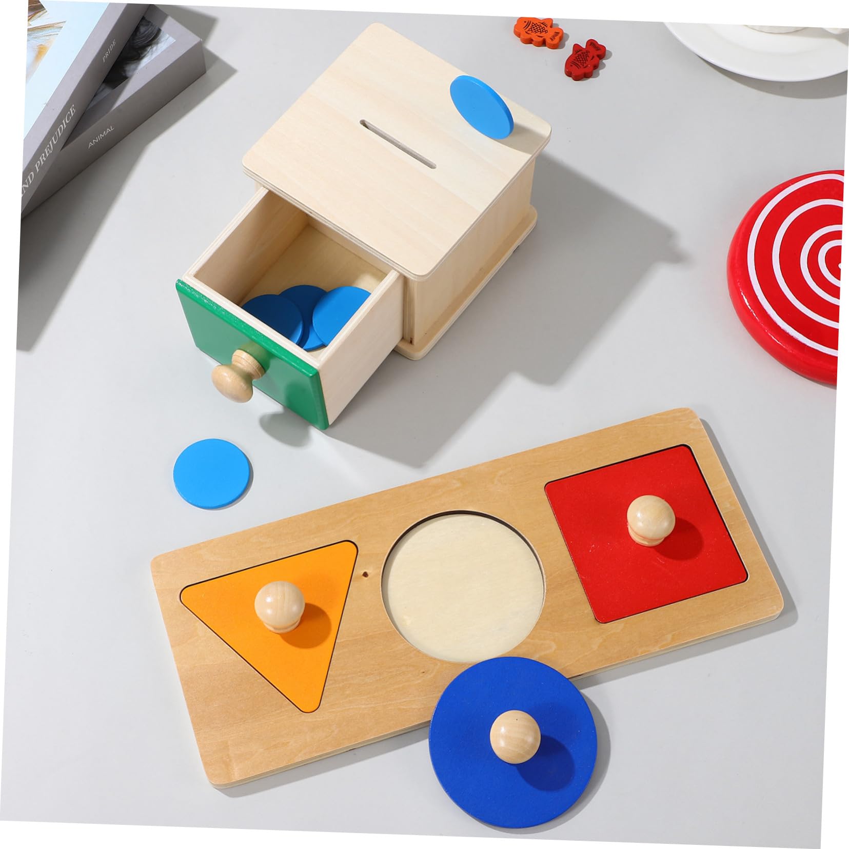 2 Juegos Juguetes Montessori para Bebés Año Caja de Madera para Monedas y Tableros de Puzzles Geométricos Educativos y Sensoriales para Desarrollo Infantil