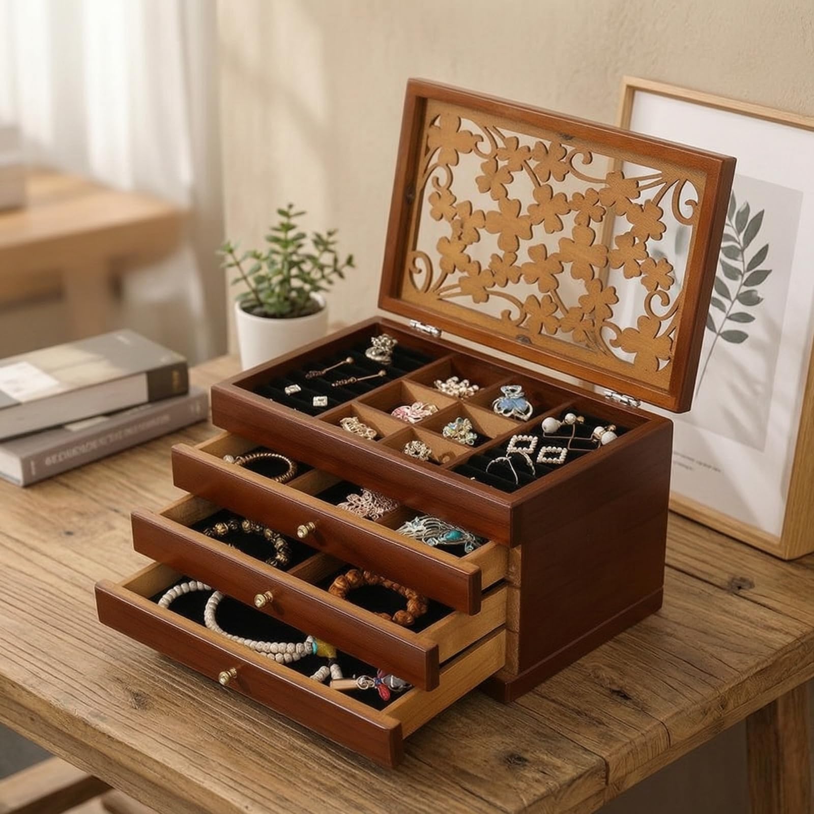 Organizer Gioielli Scatola Porta Gioie Cofanetto Cassettiera Legno Multilivello con Cassetti E Scomparti Foderati Ferramenta Resistente E Coperchio, Velvet Hook W Lock