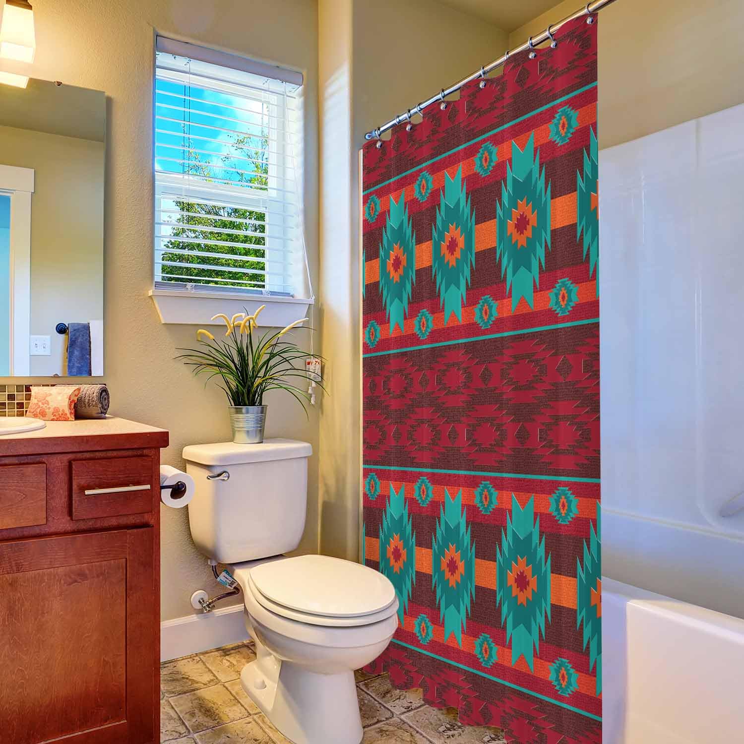 Woutay Shower Curtain Water Repellant Fabric Red Ethnic Aztec Pattern,Mould Proof Resistant,Polyester,with 12 Plastic Hooks - Image 4