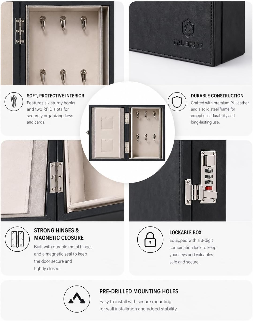 Faraday Key Box with Combination Lock (Black) – Wall Mounted Signal Blocking Box for Car Keys, RFID Cards & Fobs – Holds 6 Keys + 2 Card Sleeves From Malachor