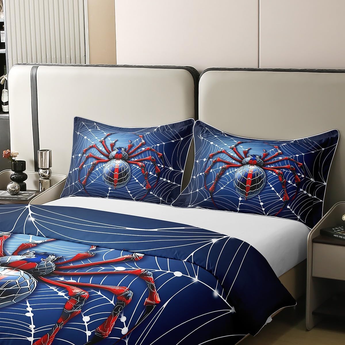 Manfei Spider Web Kids Duvet Cover 100% Cotton Twin Size,Red Black Spider Arachnid Insect Animal Girls Boys Bedding Set,Happy Halloween Gothic Blue Fashion Quilt Cover,1 Pillowcase(No Comforter)