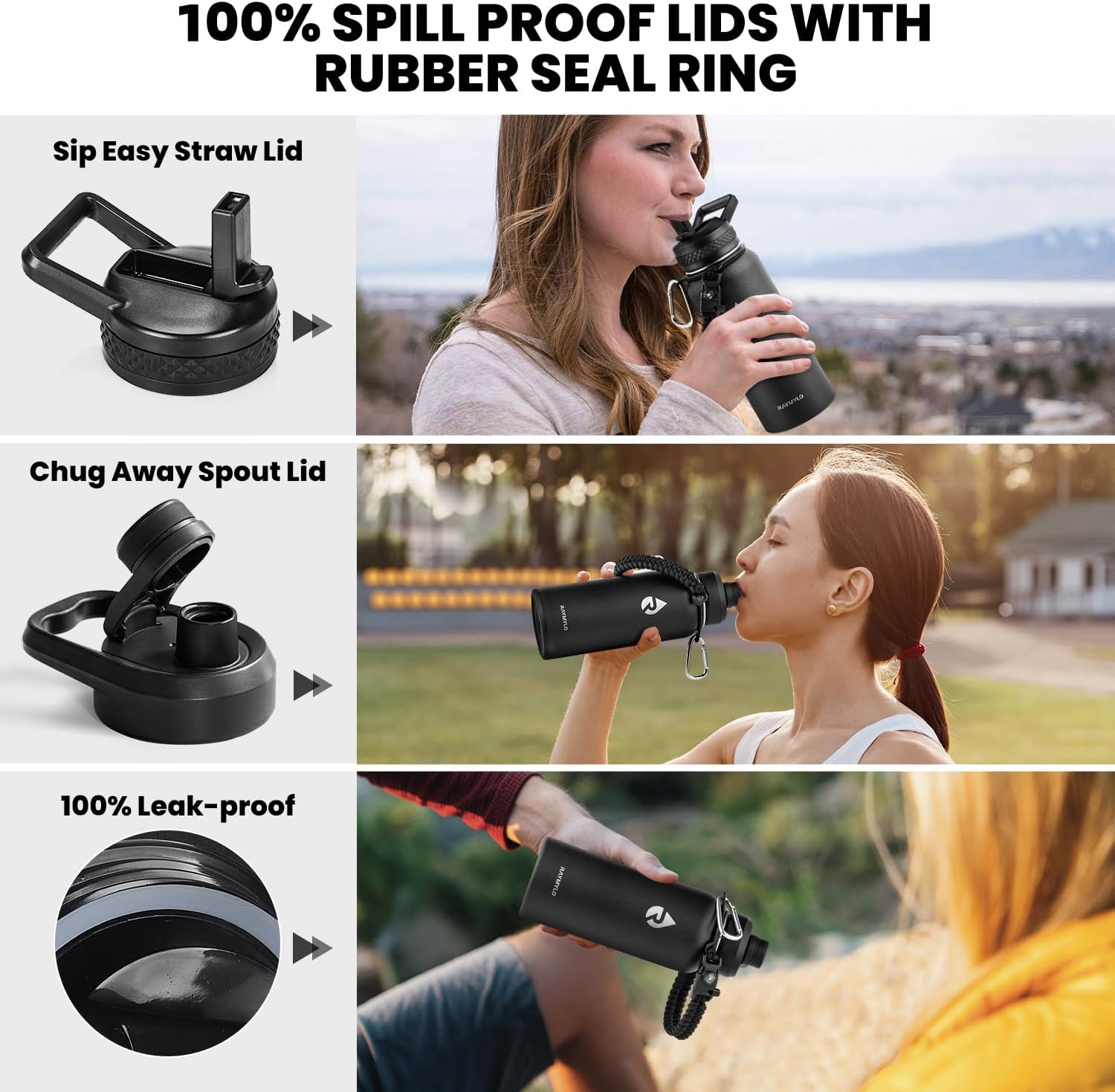 Insulated Water Bottle 32 oz, Triple Wall Vacuum Stainless Steel (Cold for 48 Hrs), Leak Proof & Non-BPA, Modern Water Flask Jug with Paracord Handle & Straw Spout Lids, Magic Black - Image 3