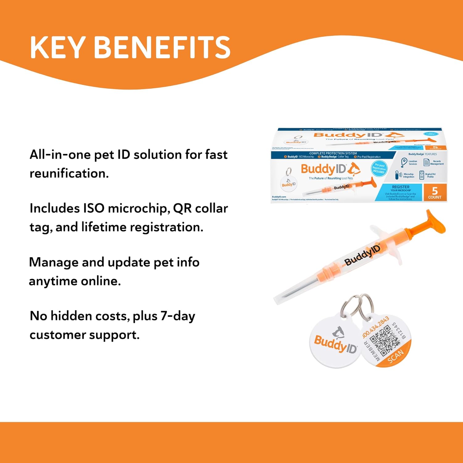 BuddyID Complete Protection System, ISO Pet Mini Microchip with Pre-Paid Lifetime Registration and BuddyBadge® QR Collar Tag, SearchALERTS & SafePlaces Access, for Dogs, Cats and Animals 5ct