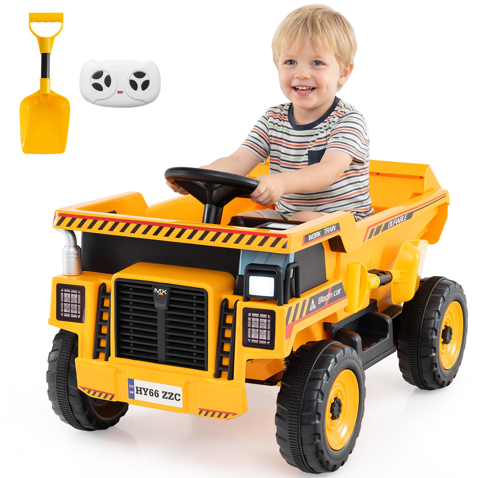 GOPLUS 24 V Coche Eléctrico para Niños, Coche de Paseo Infantil con Remolque, Pala, Bocina, Música, Historia, USB y Conexión Inalámbrica, Coche de Juguete con Mando a Distancia para Niños de 3+ Años