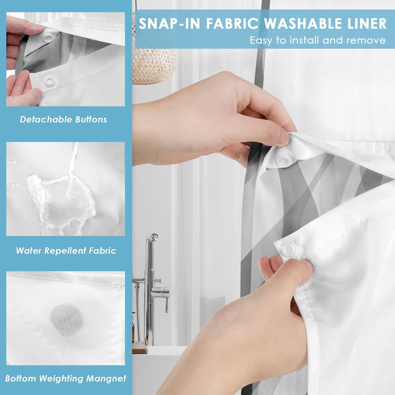 No Hook Grey Shower Curtain with Snap in Fabric Liner Set, Gray Modern Abstract Striped Double Layers Waterproof Fabric with See Through Top Window Open Grommet Bath Curtain 71x74 Inch