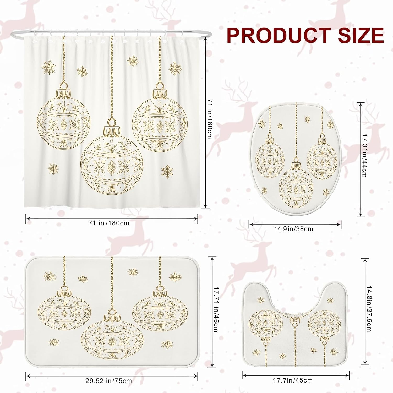 4Pcs Christmas Shower Curtain Set, White Gold Ornament Bath Mat Rugs Accessories for Holiday Bathroom Decor, Festive Waterproof Fabric Shower Curtain Set with Hooks 72x72 Inch