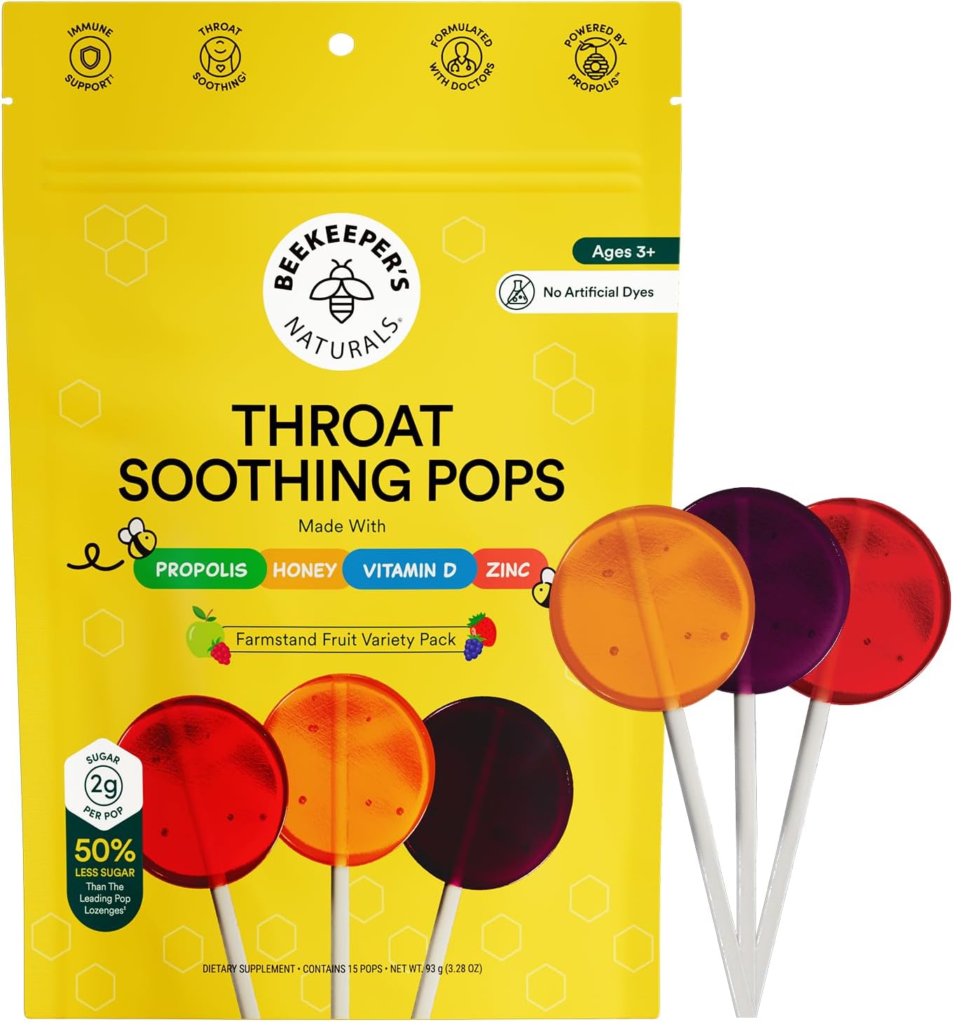 - Kids Throat Soothing Lollipops by Beekeeper's Naturals - Doctor Formulated Immune Support, Vitamin D & Honey, Under 2g Sugar, Clean Ingredients,15 ct
