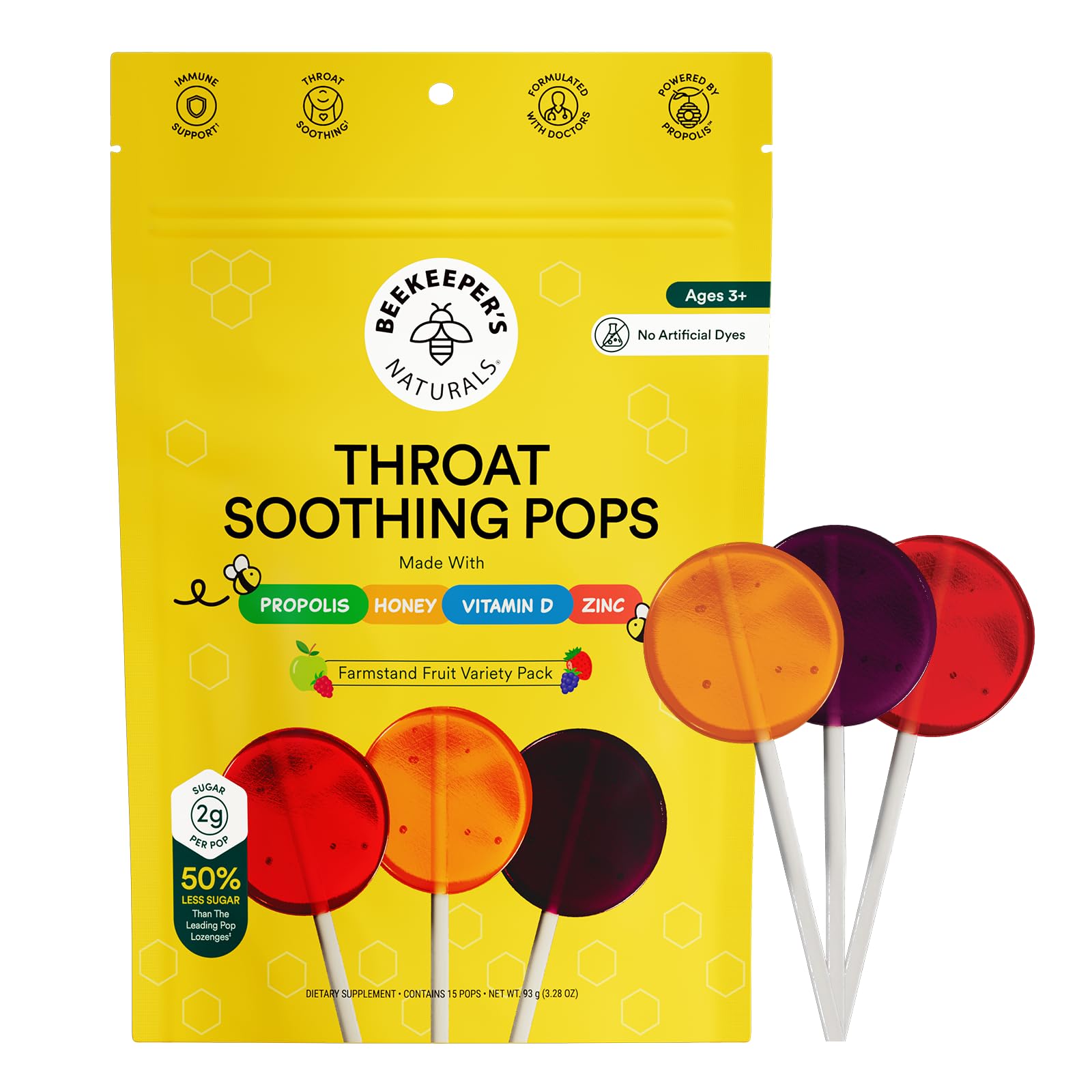 Kids Throat Soothing Lollipops by Beekeeper's Naturals - Doctor Formulated Immune Support, Vitamin D & Honey, Under 2g Sugar, Clean Ingredients,15 ct
