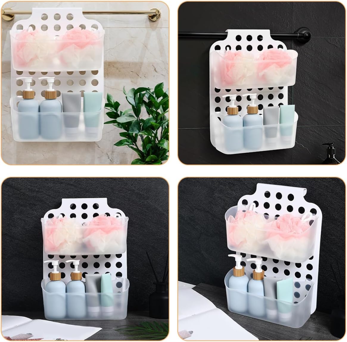 FAVOMOTO 2pcs Bathroom Wall-mounted Organizer Double Layer Shower Shelf No Drilling Waterproof Storage Rack White for Bathroom Shower Caddy and Towel Holder