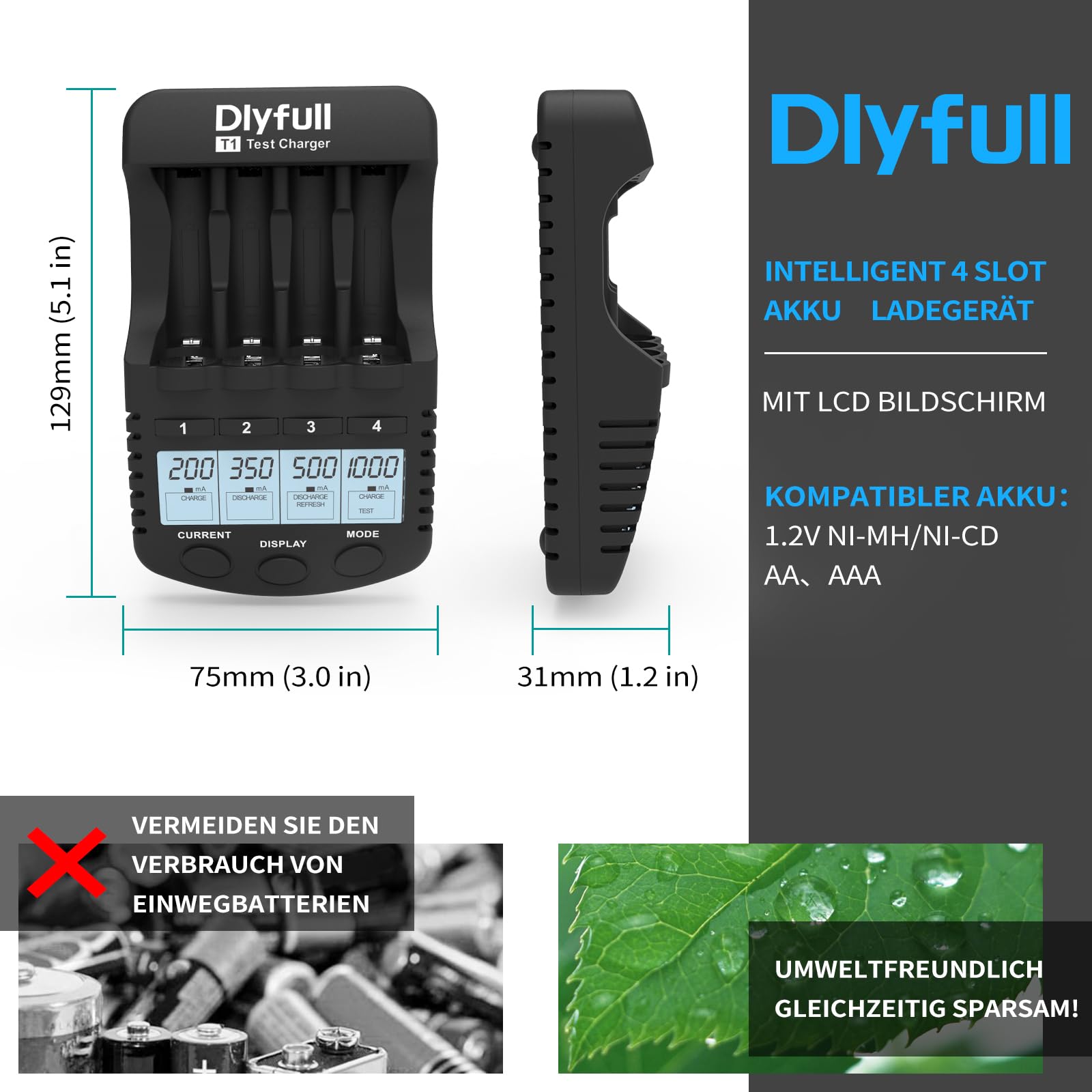 DLYFULL - Cargador de batería universal con pantalla LCD T1 Negro