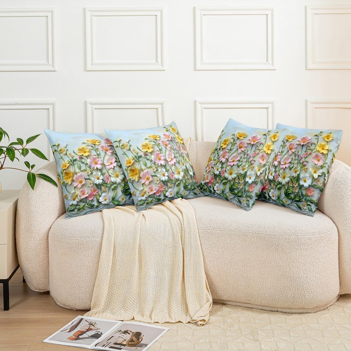 3D Daisy Flower Throw Pillow Cover (Pack of 1),Garden Floral Leaves Cushion Cover,Kids Girls Boys Woman Nature Botanical Pillow Cases Bohemian Office Chair Sofa Bed Decor,24" Lx24 W