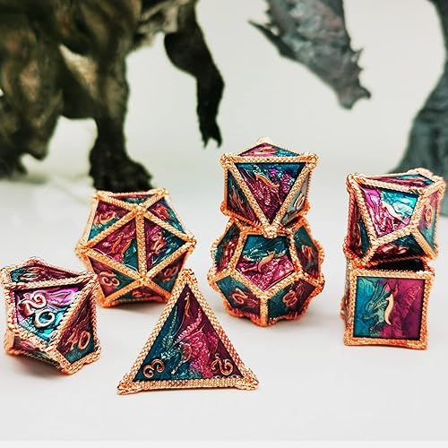 Miniatura 5 de HAOMEJA DND - Juego de dados metálicos de dragón, 7 dados para juegos de rol, dados sólidos D&D, Calabozos y dragones (rojo, cobre, azul y morado)