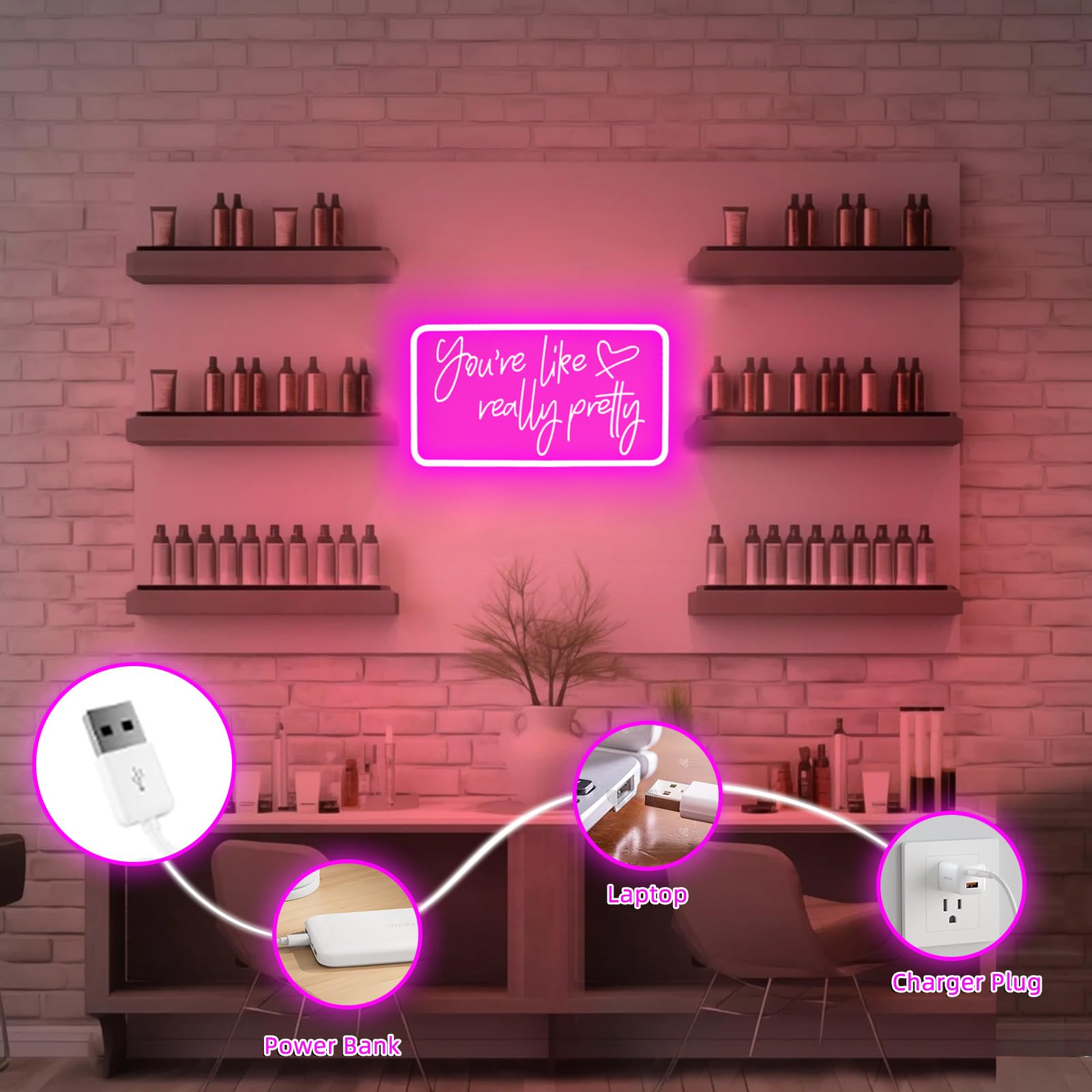 Letrero de neón para decoración de pared, luz de neón LED rosa alimentada por USB para dormitorio, despedida de soltera, habitación de adolescentes con interruptor regulable