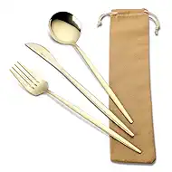 VIVANI Travel Silverware Set with Case, 3-Piece Reusable Stainless Steel Flatware Set for Travel, Camping, Lunch Box & Office, Champagne Gold Fork, Knife, Spoon with Carry Bag