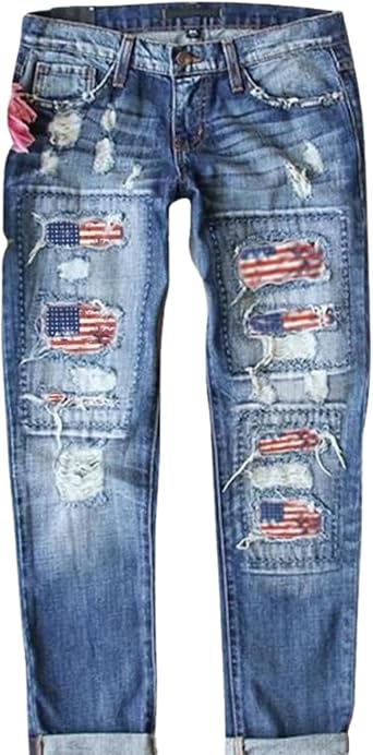 Skinny Ripped Jeans for Women Mid-Rise Stretch Denim with Destroyed Holes & Retro Plaid Patch Comfortable Touch