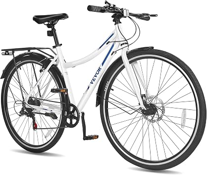 VEVOR Hybrid Bike, Lightweight Aluminum Frame Bike, 700c Wheel Men Women Hybrid Bicycle, Step-Over/Step-Through Adult Urban City Commuter Bikes, with 7/24 Speed, Alloy Adjustable Stem and Seat