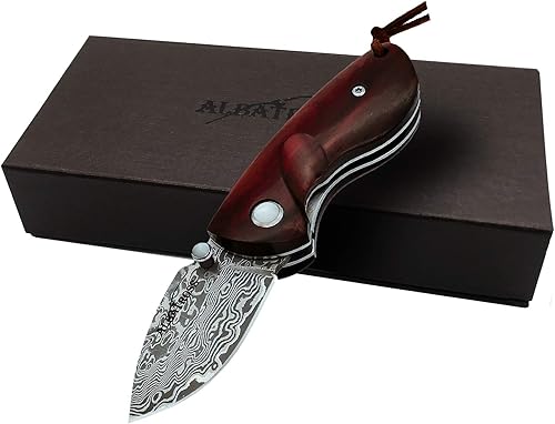 ALBATROSS Mini cuchillo de bolsillo rojo sándalo 4.75 '' cuchillo de acero de Damasco moderno cerradura plegable cuchillo caja de regalo - HGDK013