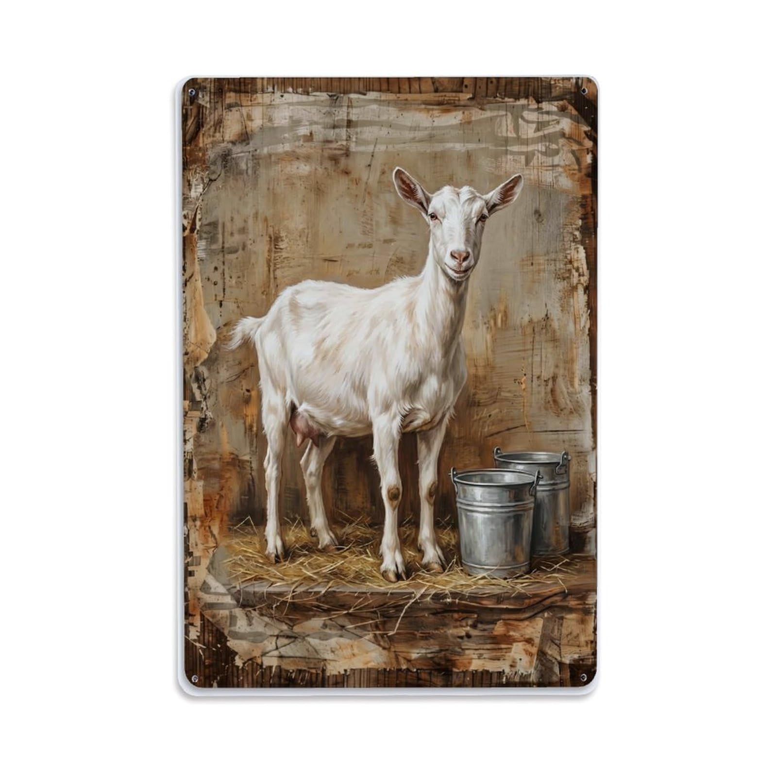 Saanen Goat Farm White Dairy Animal Metal Tin Sign Plaque Wall Decor for Cafe, Club Bar, Office, Home Garden Metal Poster 8x12Inch