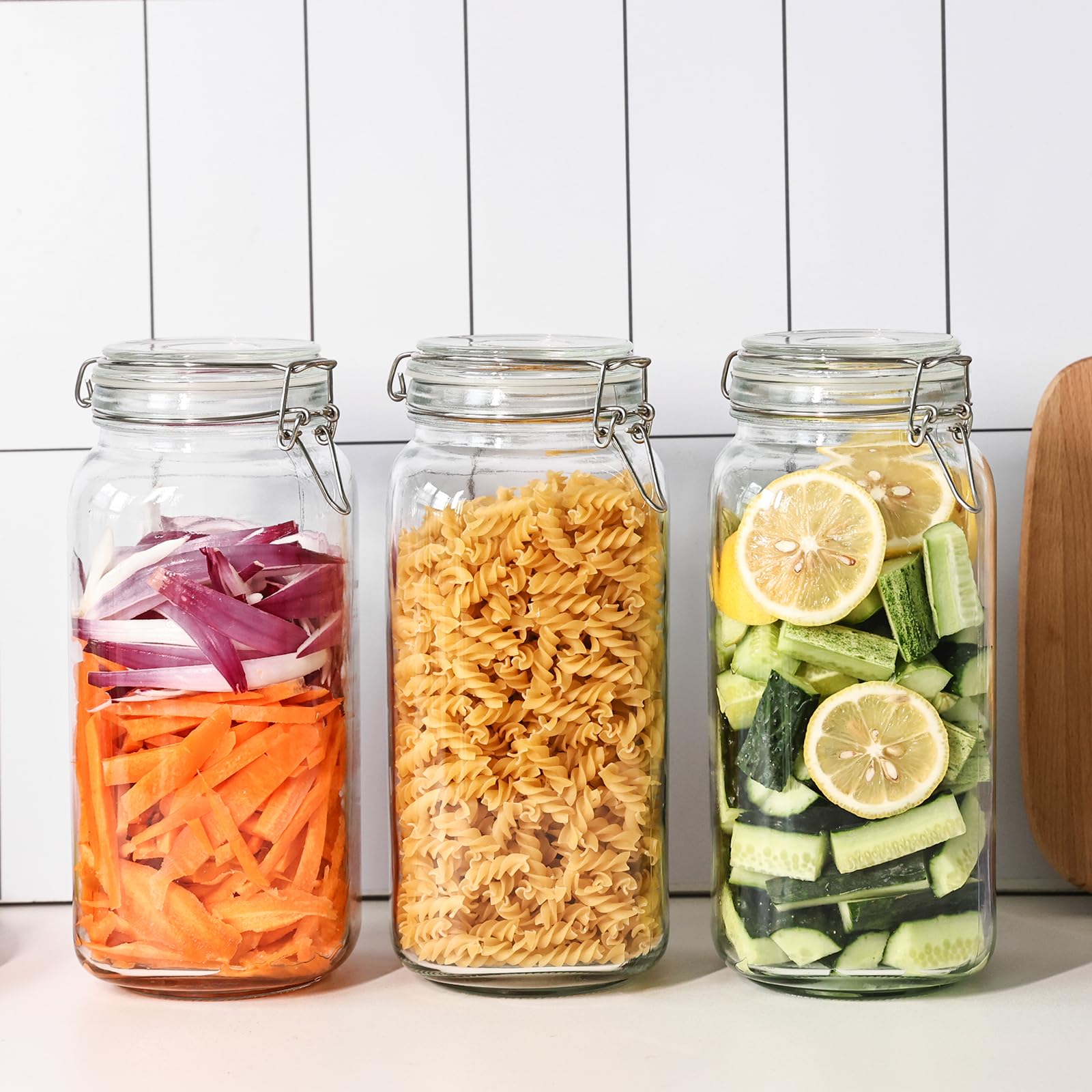 Barattoli in vetro per alimenti da 2,211 g, con coperchi ermetici, confezione da 3 barattoli da cucina grandi per farina, cereali, fagioli, pasta e conserve, barattoli quadrati con etichette