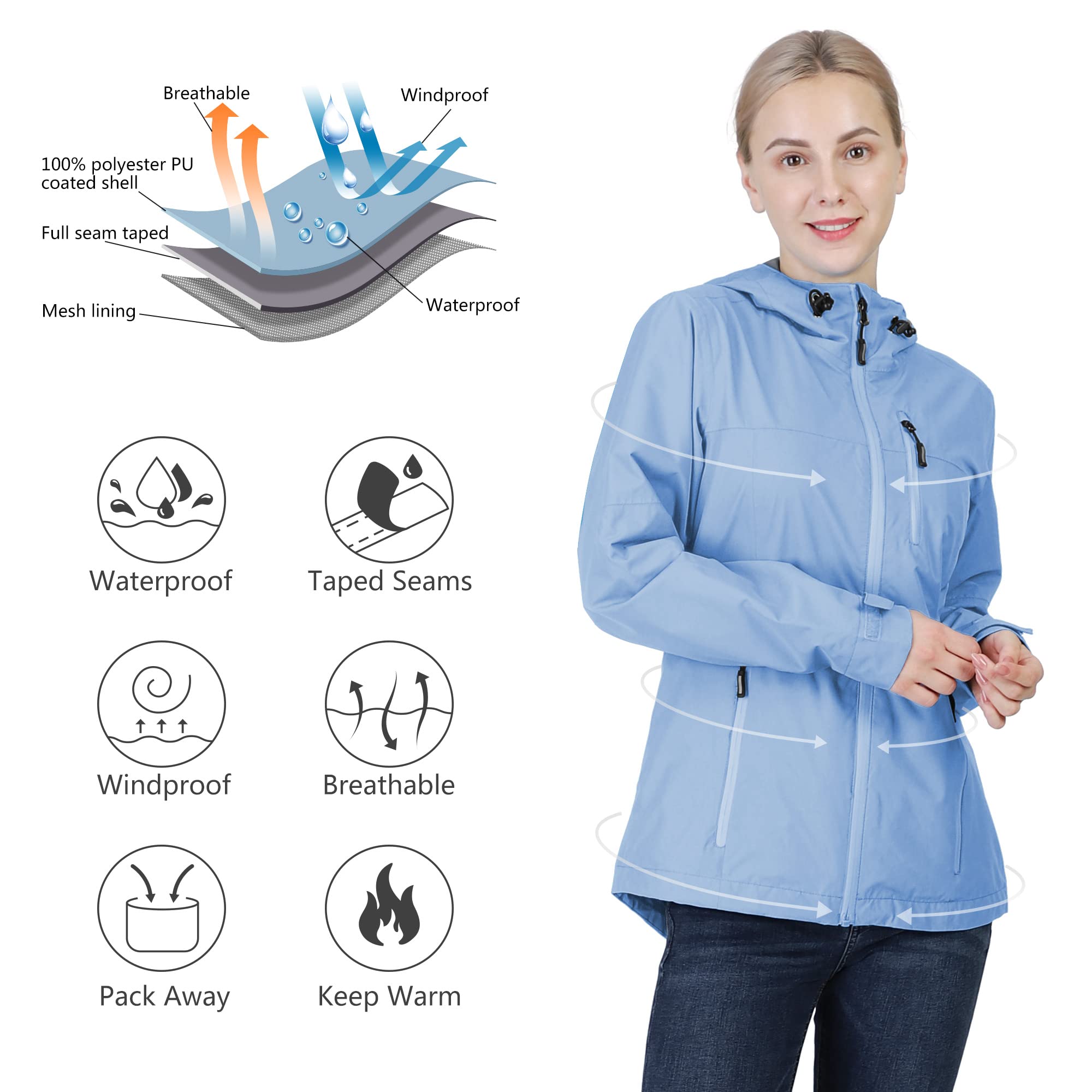 Outdoor Ventures Veste imperméable pour femme - Légère - Coupe-vent - Pliable - Veste de pluie pour l'extérieur, la course à pied, le golf, le cyclisme - Veste softshell avec capuche
