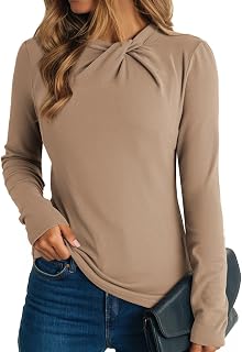 Womens Tops Business Casual Outfits Long Sleeve Shirts Mock Neck Twist Knot Slim Fit Soft Stretch Tees Blouses