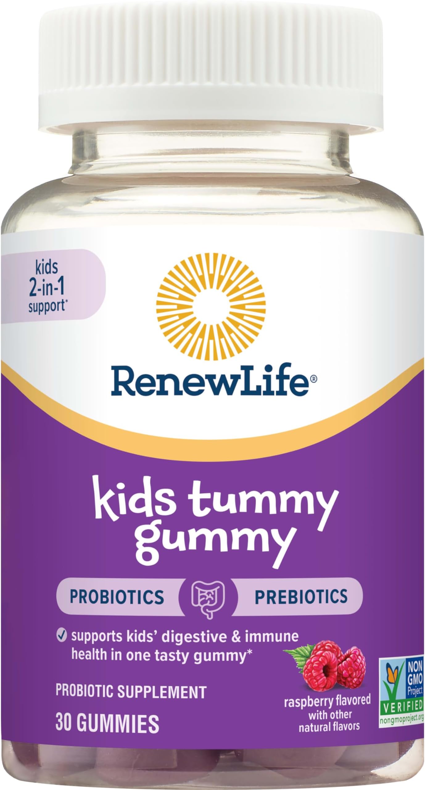 Renew Life Kids Raspberry Prebiotic and Probiotic Gummies, Daily Supplement for Digestive and Immune Health, B. Coagulans and B. Subtilis, Dairy, Soy and gluten-free, 1 Billion CFU 30 Count