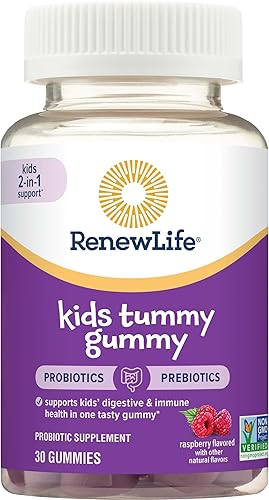 Renew Life Gomitas prebióticas y probióticas de frambuesa para niños, suplemento diario para la salud digestiva e inmunológica, B. Coagulans y B.