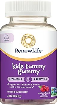 Renew Life Kids Raspberry Prebiotic and Probiotic Gummies, Daily Supplement for Digestive and Immune Health, B. Coagulans and B. Subtilis, Dairy, Soy and gluten-free, 1 Billion CFU 30 Count