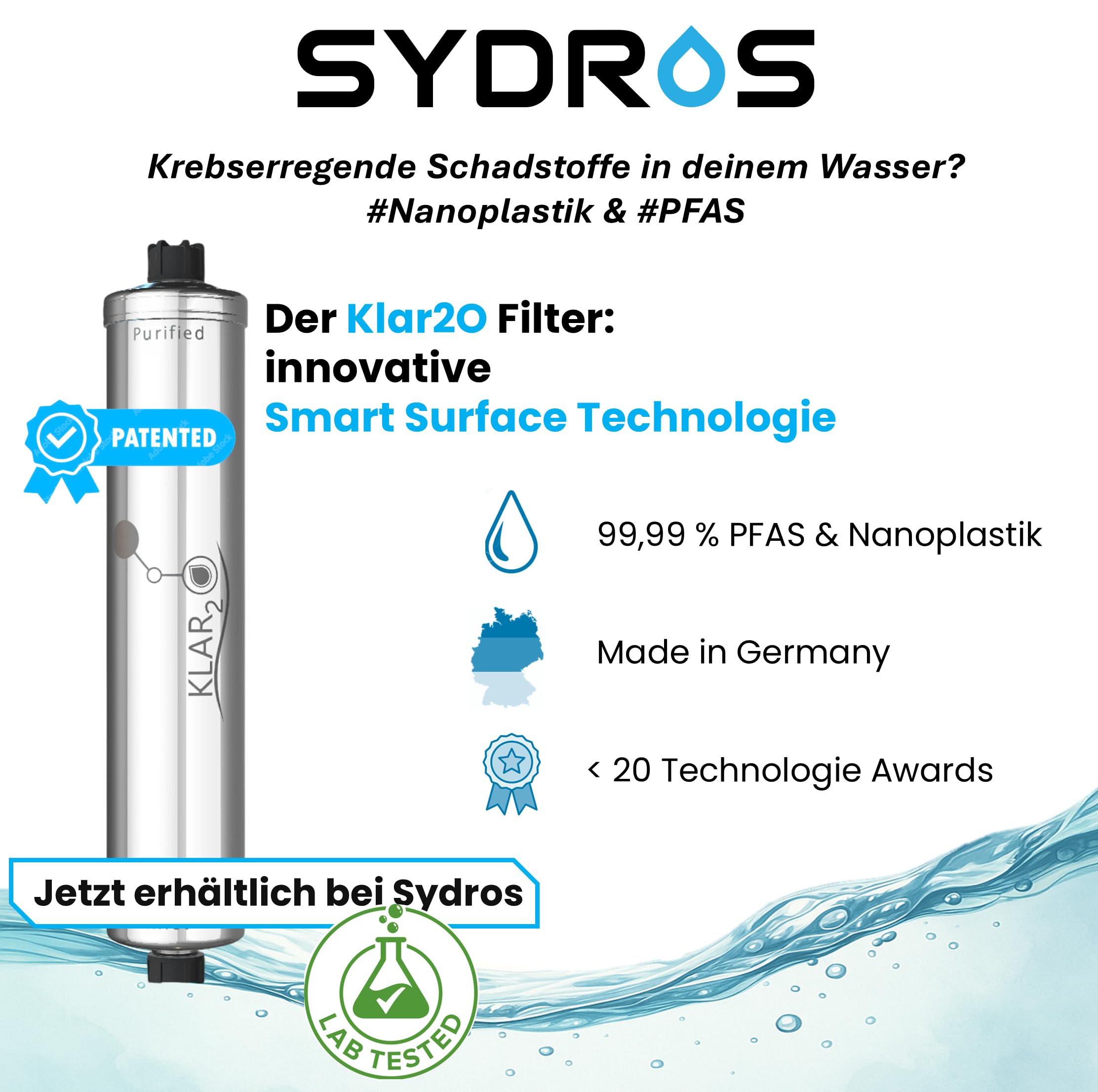 Sydros Optimus 6-Stufen-Wasserfilter filtert zu 99% Nanoplastik & PFAS, reduziert Kalk Chlor & 500+ Schadstoffe Schwermetall Reduktion Chemiefrei Edelstahl Wartungsarm