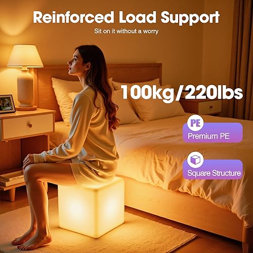 Miniatura 2 de LIYUANJUN Taburete cuadrado LED de 17 pulgadas, 16 luces RGB para silla con control remoto, lámpara LED recargable, 4 modos de flash, asiento de