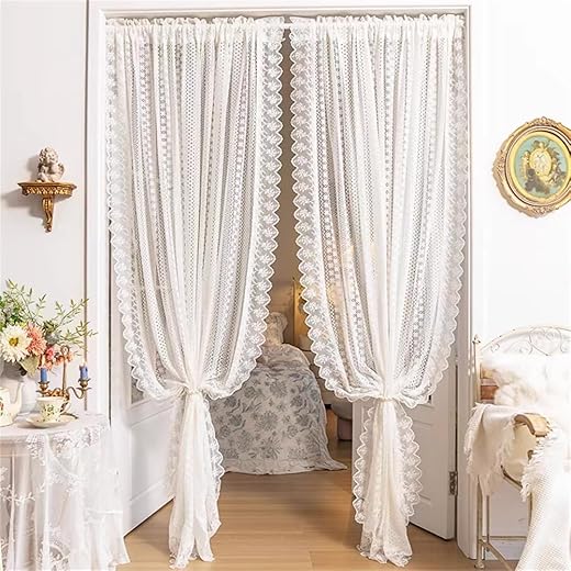Romantic White Lace Sheer Curtains for Living Room Bedroom Elegant Hollow Floral Lace Light-Filtering Tulle Drapes for Window Rod Pocket Top 2 Panels (W63 L84 inch,White)