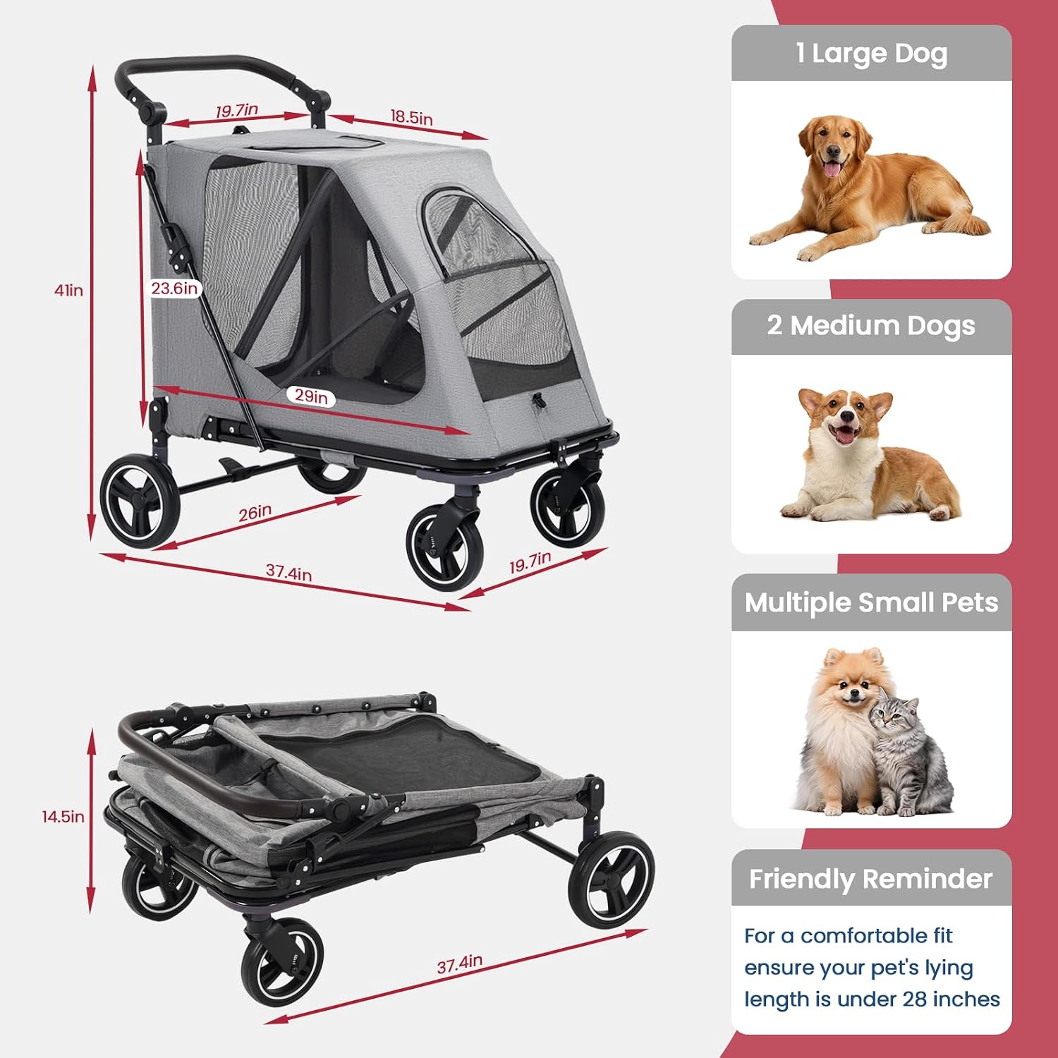 Dog Stroller for Large/Medium Dogs,Pet Stroller Up to 176 lbs,Extra Large Foldable Stroller for 2 Dogs Cats,Full-Open Sunshade Canopy,Adjustable Handle(Red)