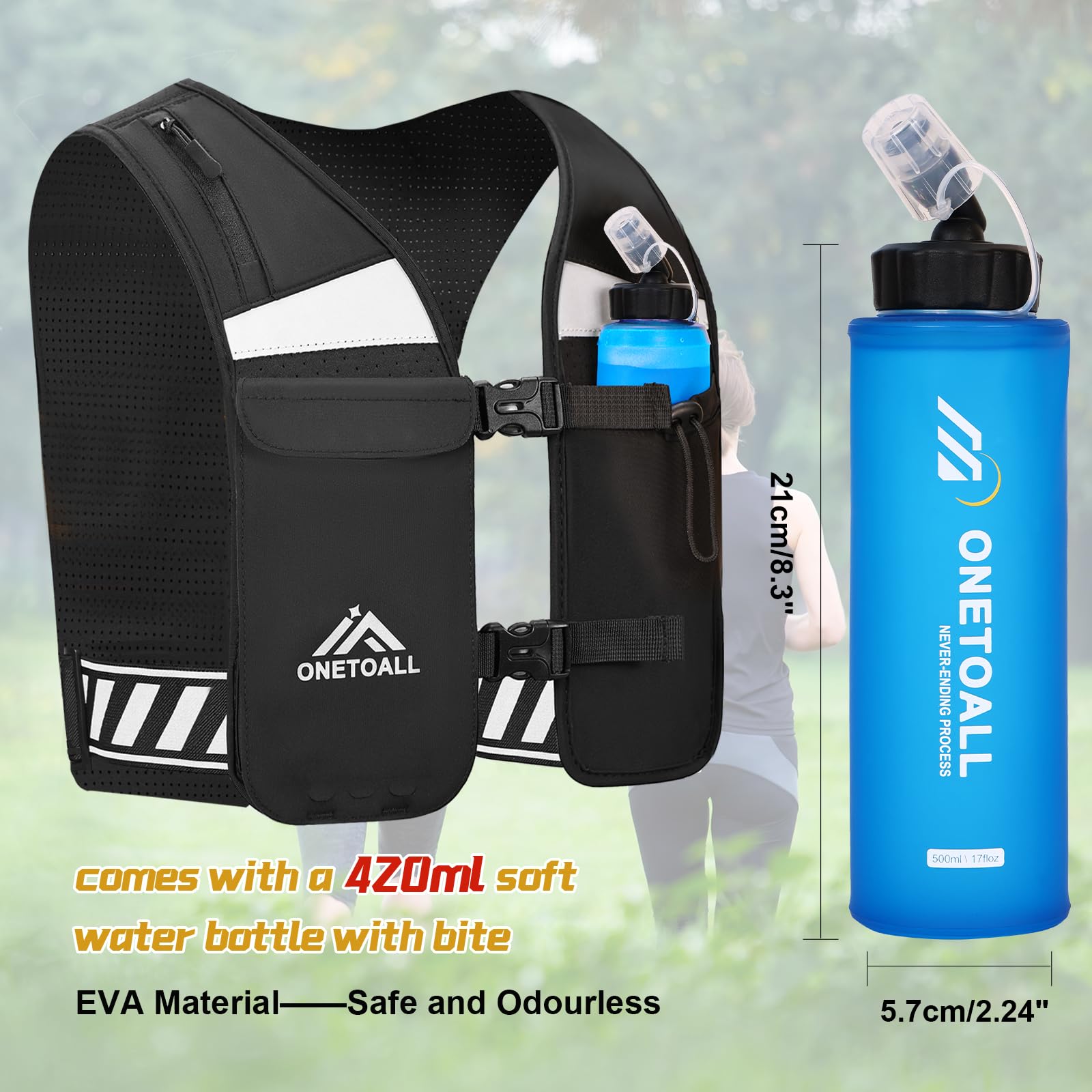 ONETOALL Gilet Running per Uomo e Donna, Running Vest Leggero e Traspirante, Zaino Trail Running per Porta Telefono Corsa con Multi-Tasche e Cintura Riflettente Regolabile, Sicurezza per Corsa