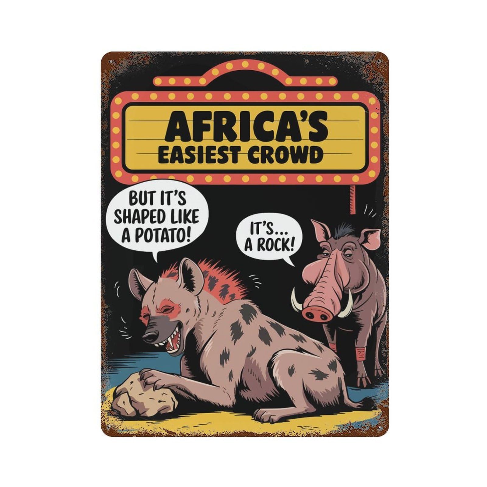 Aged Metal Wall Plaque with Africa Easiest Crowd Design 15.7"x11.8", for Farmhouse, Kitchen And Entryway Decor, Retro Wall Decor