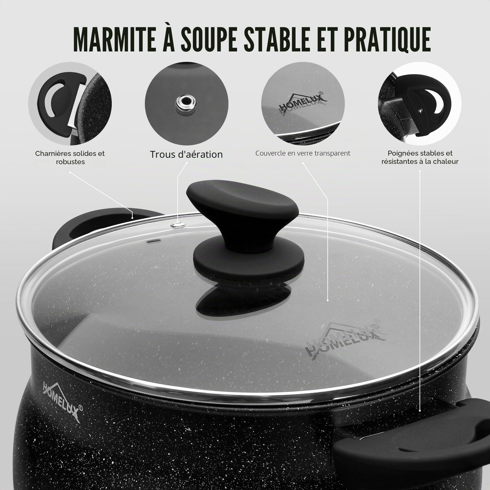 HOMELUX faitout induction-Fonte d'Aluminium marmite induction-Marmite tous feux avec couvercle en verre-Antiadhésif Marmites-Capacité 12.5L faitouts-Fait tout tous feux-Tous les types de cuisinières