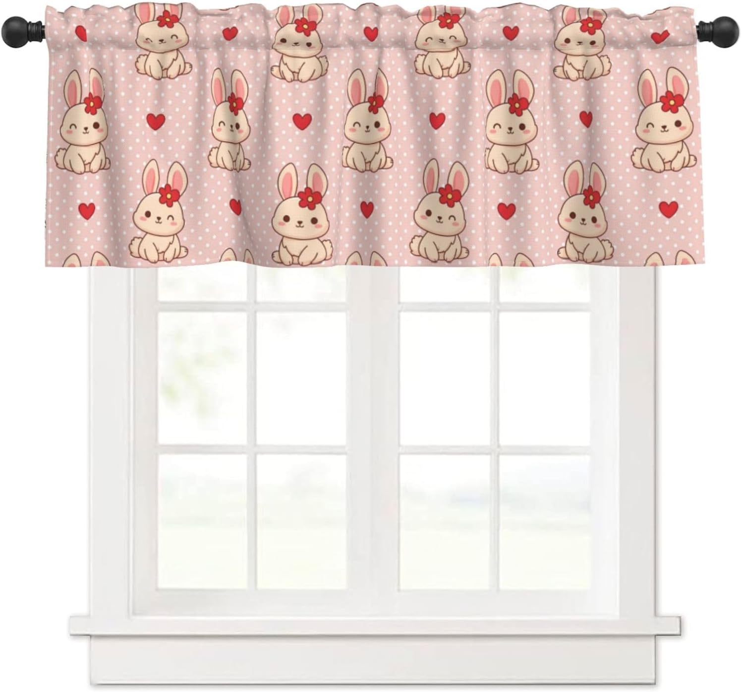 Romantic Valance for Windows Cute Ladybugs Red Heart Love Rod Pocket Window Treatment Short Topper Curtains for Kitchen Living Room Bedroom Bathroom Decor 1 Panel, 54x18Inch