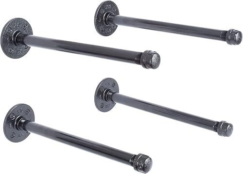 Pipe DÉCOR - Juego de 4 soportes industriales galvanizados de acero negro para estantes colgantes, soporte montado en la pared, pre-sellado y listo
