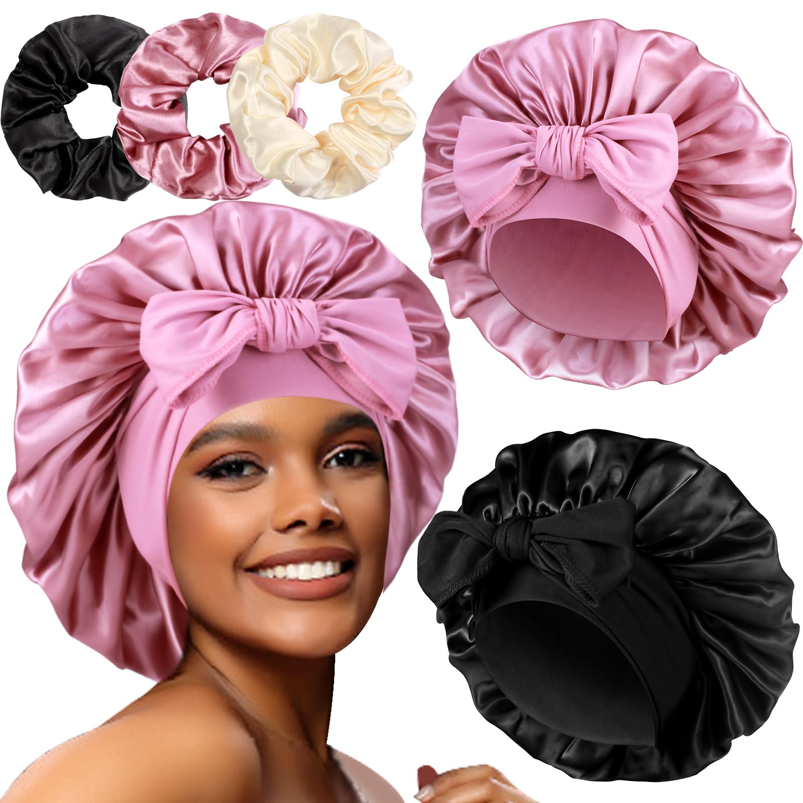 2+3 Large Satin Bonnets with Scrunchies for Women, Hair Bonnet Sleeping Tie Bonnet for Braids Curly Hair