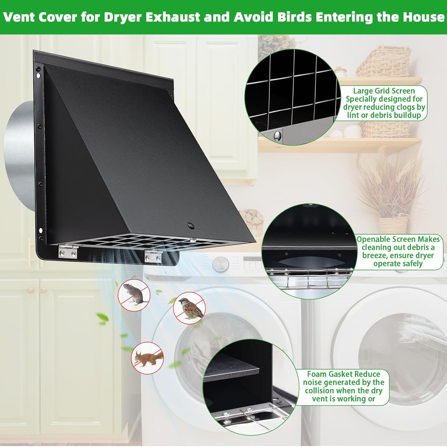 4 Inch Dryer Vent Cover Outside,Galvanized Steel Hooded Wall Vent Cover with Screen & Flap,Metal Wall Mount Exhaust Vent Cover,Exterior Dryer Vent Hood Outdoor Dryer Vent Cover for Bathroom Fan-Black