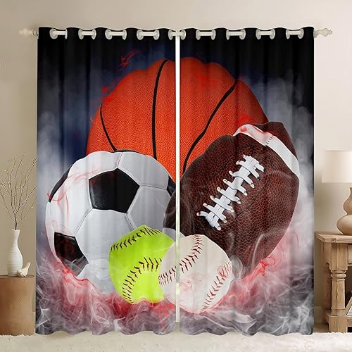 Cortinas de baloncesto para niños, 3D, béisbol, sóftbol, fútbol, deportes, cortinas de ventana para dormitorio, sala de estar, niños, adolescentes,