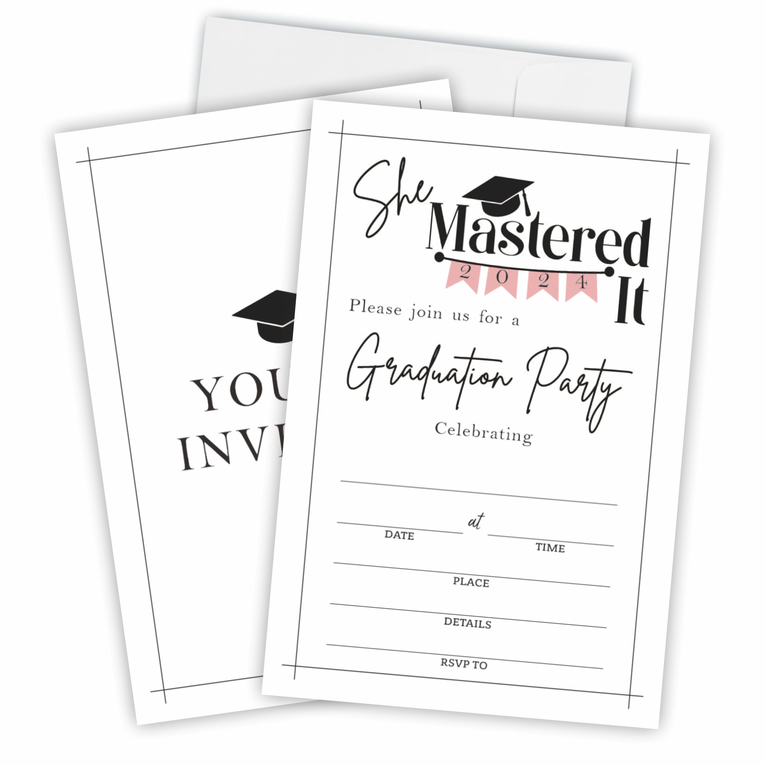 She Mastered It - 20 Graduation Invitation With Envelopes, 2024 High School, Double-Sided Invite Cards For University, College Graduate Celebration,