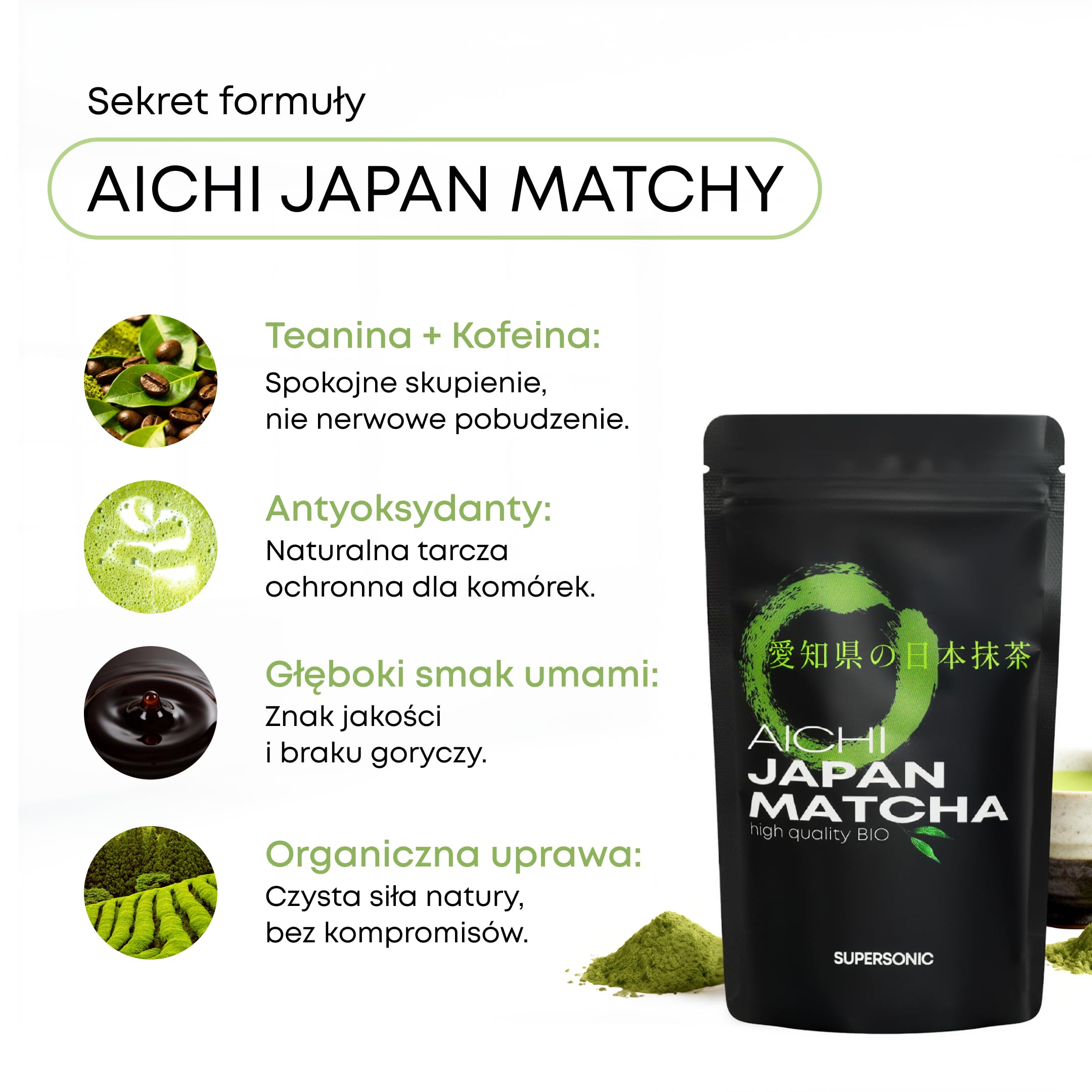 Supersonic Matcha Japońska Aichi 100 g – sproszkowana zielona herbata | Region Nishio (prefektura Aichi), jednoskładnikowa, wegańska, bez cukru, do latte i na zimno, parzona w 70°C, umami