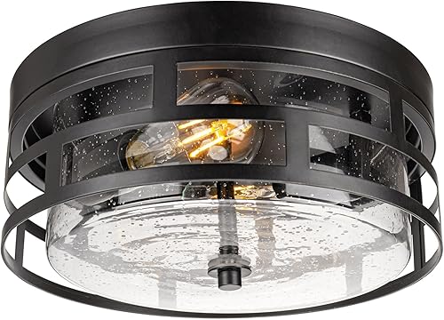 ROS61A BK - Lámpara de techo de montaje empotrado, 12 pulgadas, 2 luces, moderna, rústica, cerca del techo, con vidrio sembrado, para dormitorio,