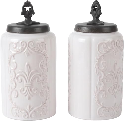 American Atelier 1182139-2LJF Ceramic Canister Set 2-Piece Jars Chic Design w/Airtight Stainless Steel Lids for Cookies, Candy, Coffee, Flour, Sugar, Rice, Pasta, Cereal, Antique White
