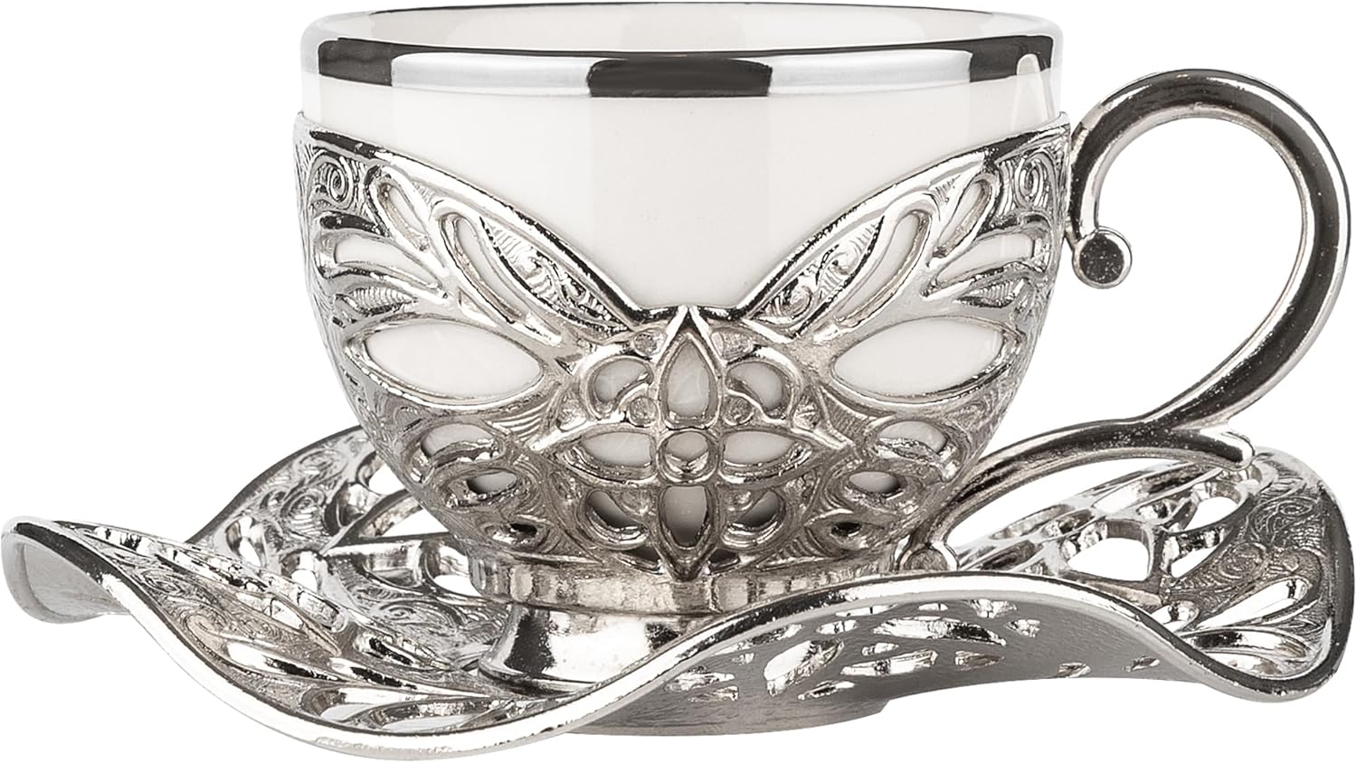 Alisveristime Turkish Coffee Set for Six, 6 White Porcelain Cups with Gilded, Zamac Holders and Saucers, Two Color Variations: Gold and Silver (Gilded-Design) (Silver) - Image 6