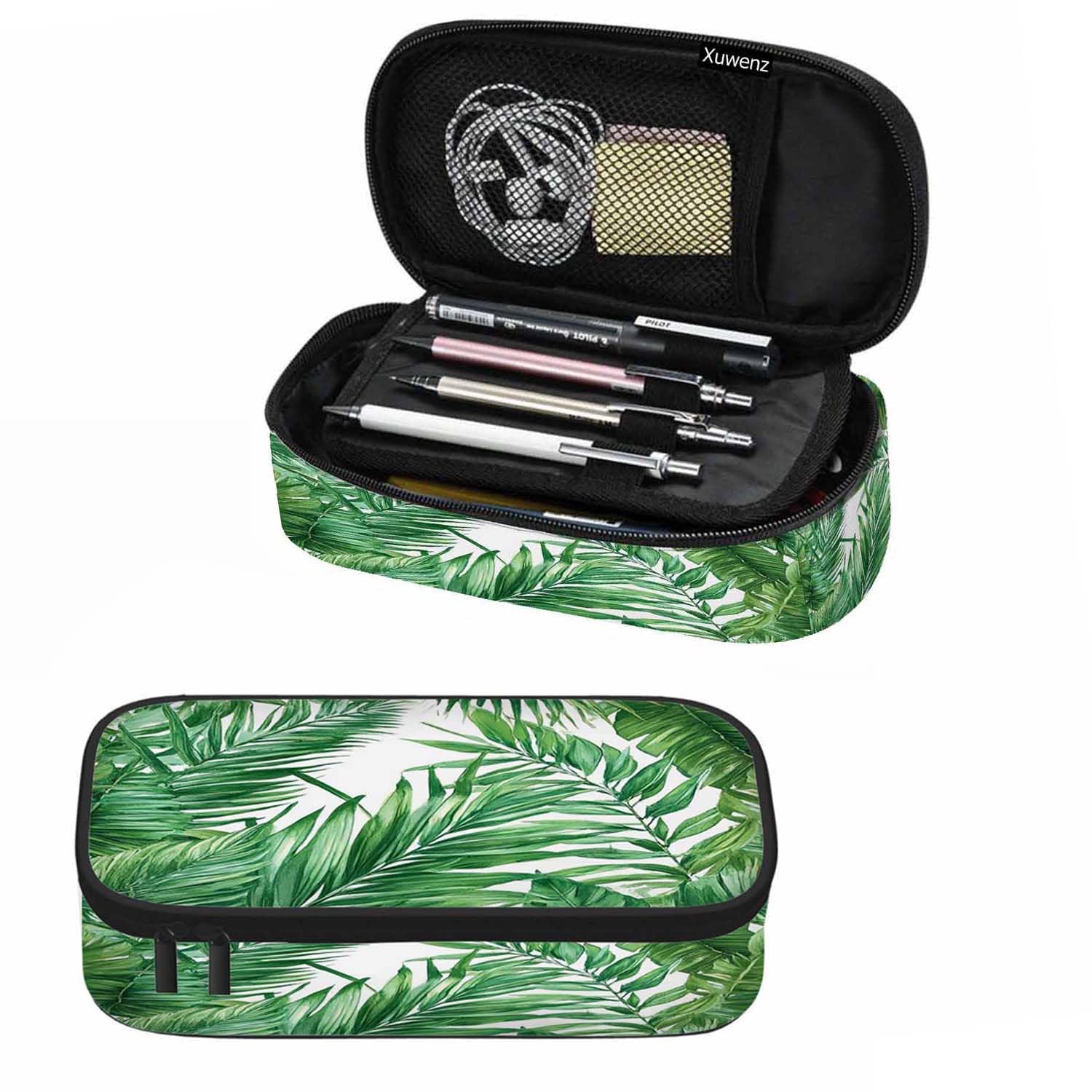 Xuwenz Palm Leaves Pencil Case Green Tropical Plant Pencil Bag Pen Markers Pouch Holder Organizer for Boy Girl School Students