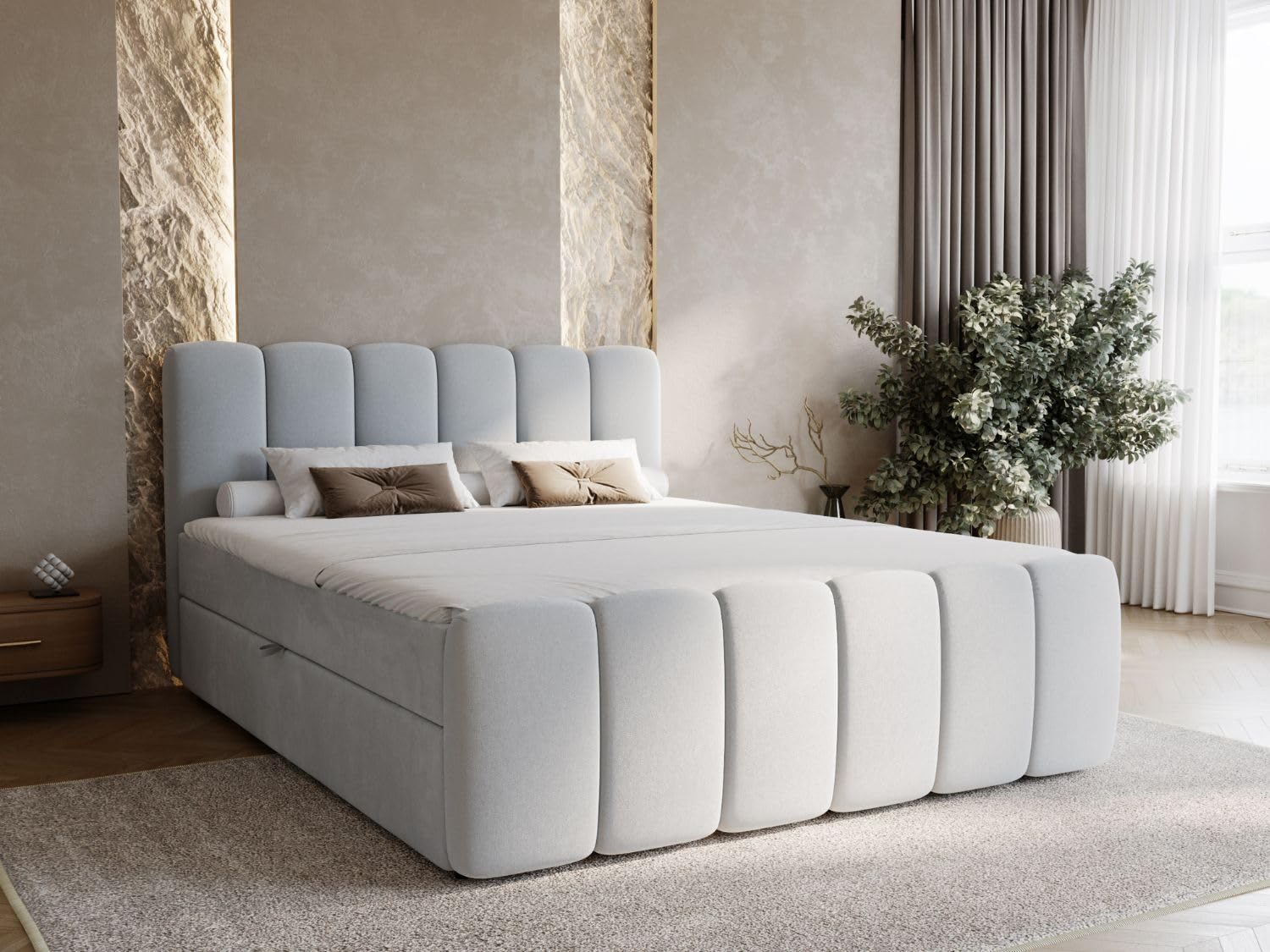 GRAINGOLD Cloud Bett 180x200 – Boxspringbett mit Bettkasten, Samt-Bezug (Hellgrau)