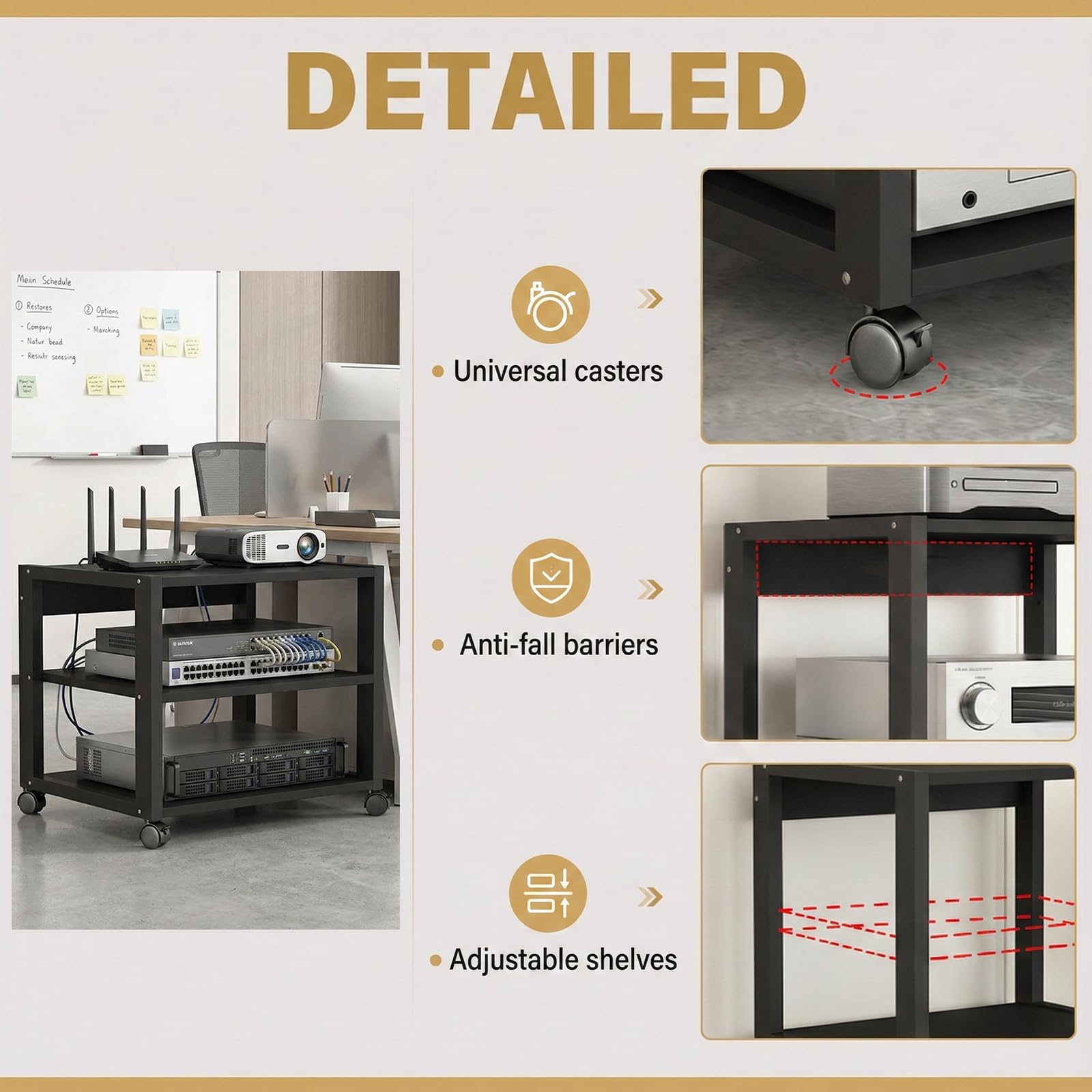Supporto Stampante e Rack Audio Hi-Fi con Ruote, Carrello Multiuso a 3 Ripiani per Ufficio e Soggiorno, Tavolino Porta Stereo per Amplificatore e Giradischi, Struttura Robusta in Metallo, Nero