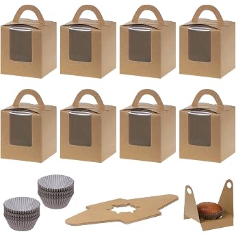 Coolty Pack of 50 Cupcake Boxes 1 Hole Cardboard Packaging Boxes Bakery Pastry Boxes with Window and Inserts for Cookies Muffins Cupcakes Desserts Cakes Brown